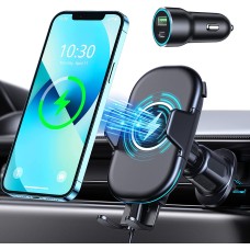 OBRFFE Wireless Car Charger Mount [QC 3.0 Car Charger Included], Max 15W Qi Fast Charging Phone Mount for Car Air Vent Compatible with iPhone 13 12 11 Pro Max/XR/XS/X, Galaxy Note 20/S21/S20, etc